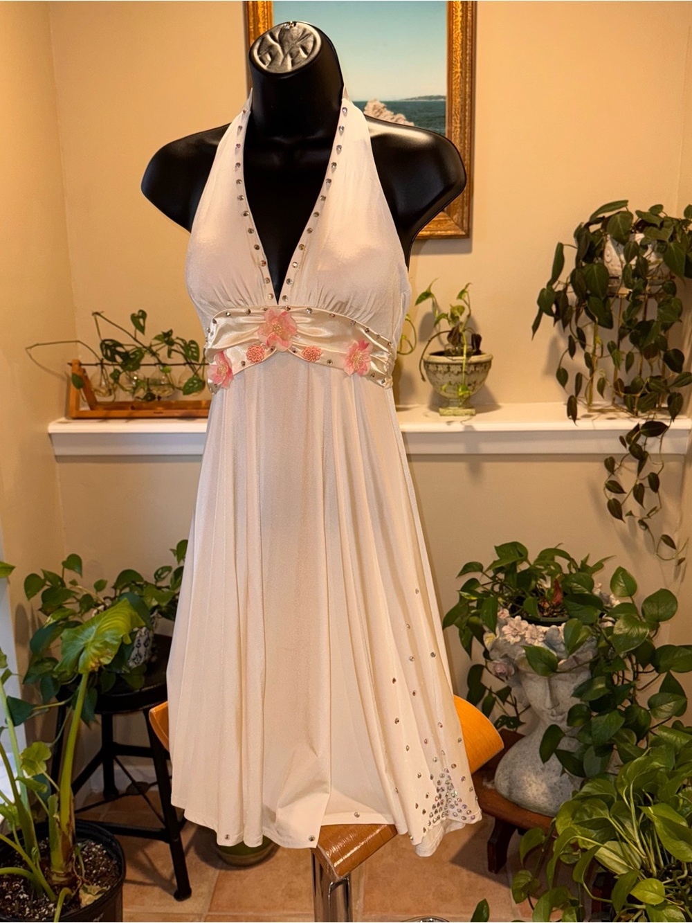 Vintage Y2K Lette Rhinestone Floral
Halter Dress